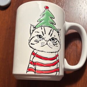 Cat Holiday Ceramic Mug with Red Stripes and Green Tree